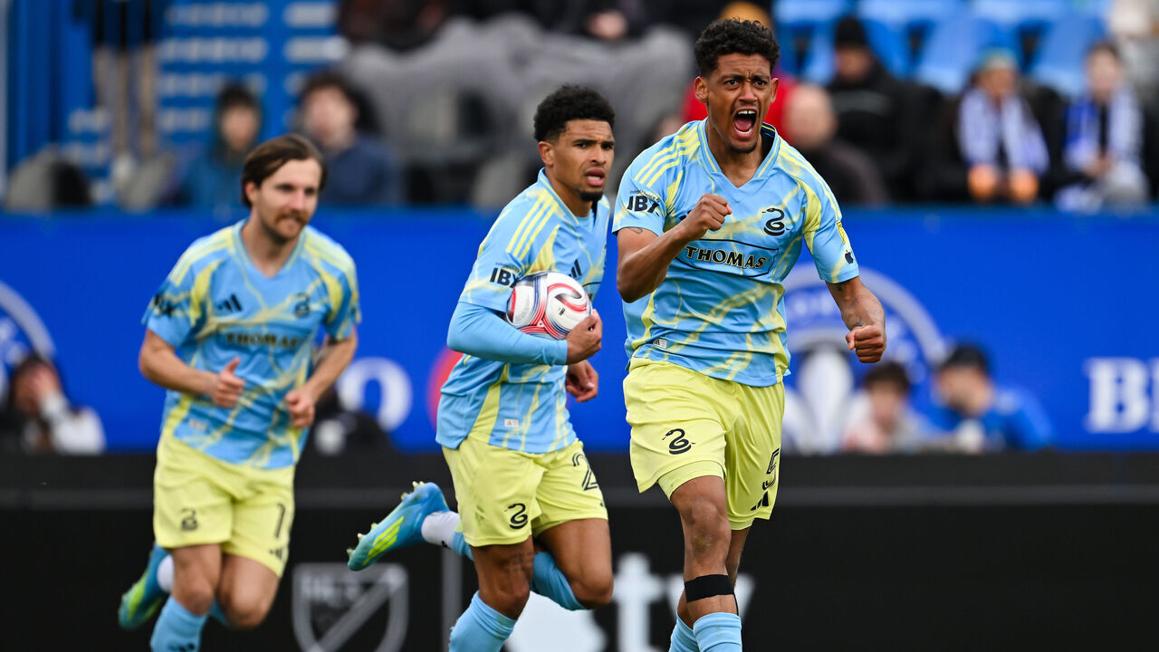 MONTREAL, CANADA - APRIL 11: Japhet Sery Larsen #5 of the Philadelphia Union celebrates his goal during the MLS match in the second half against CF Montréal at Saputo Stadium on April 11, 2026 in Montreal, Quebec, Canada.