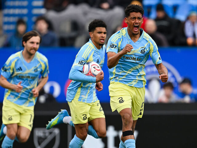 MONTREAL, CANADA - APRIL 11: Japhet Sery Larsen #5 of the Philadelphia Union celebrates his goal during the MLS match in the second half against CF Montréal at Saputo Stadium on April 11, 2026 in Montreal, Quebec, Canada.