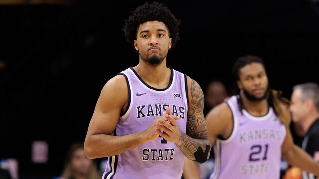 BOULDER, COLORADO - FEBRUARY 25: P.J. Haggerty #4 of the Kansas State Wildcats reacts during the first half against the Colorado Buffaloes at the CU Events Center on February 25, 2026 in Boulder, Colorado.
