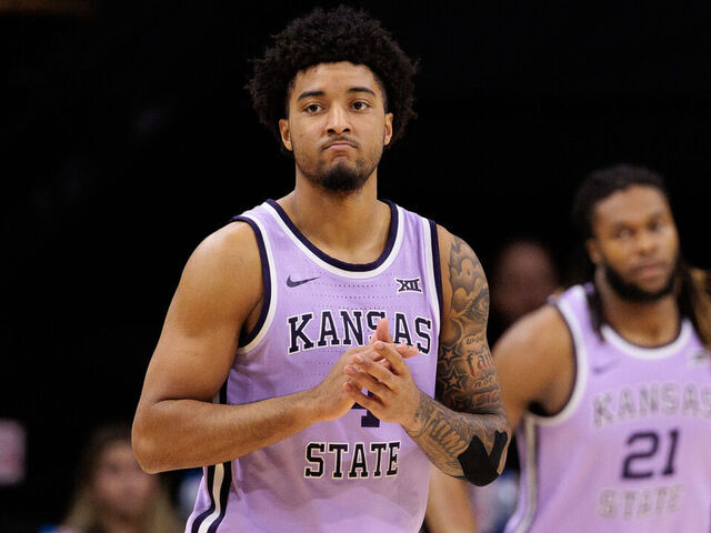 BOULDER, COLORADO - FEBRUARY 25: P.J. Haggerty #4 of the Kansas State Wildcats reacts during the first half against the Colorado Buffaloes at the CU Events Center on February 25, 2026 in Boulder, Colorado.