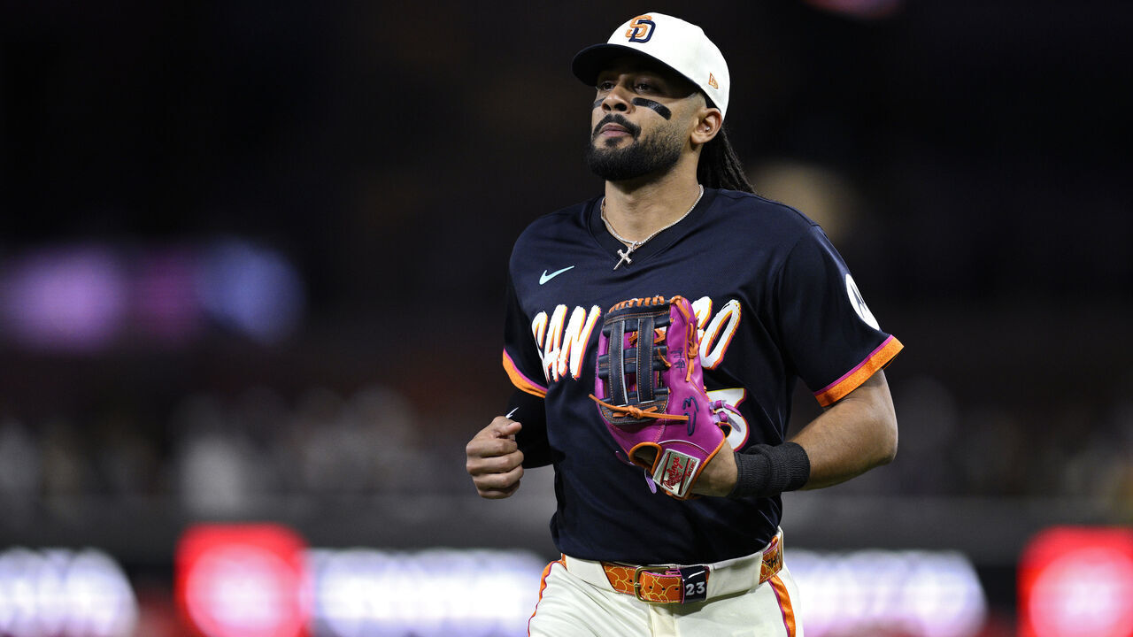 SAN DIEGO, CALIFORNIA - APRIL 10: Fernando Tatis Jr. #23 of the San Diego Padres runs to the dugout during the fourth inning against the Colorado Rockies at Petco Park on April 10, 2026 in San Diego, California.