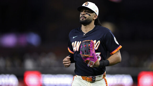 SAN DIEGO, CALIFORNIA - APRIL 10: Fernando Tatis Jr. #23 of the San Diego Padres runs to the dugout during the fourth inning against the Colorado Rockies at Petco Park on April 10, 2026 in San Diego, California.