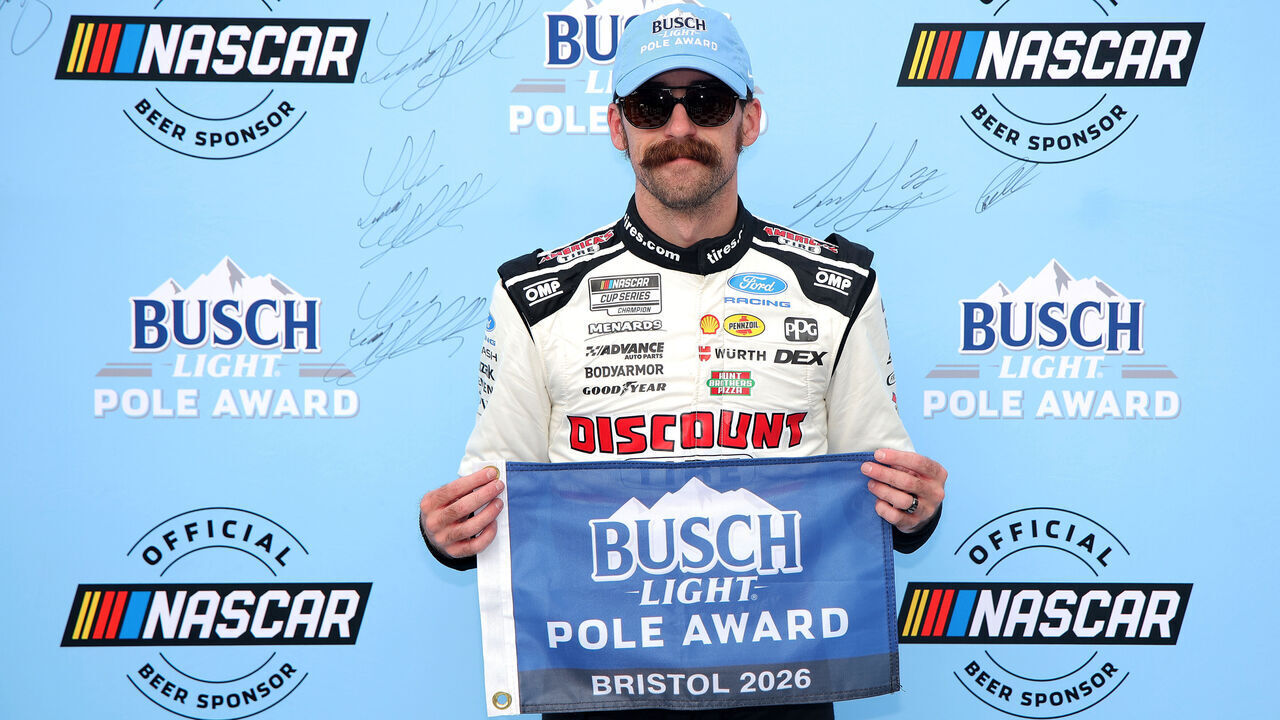 BRISTOL, TENNESSEE - APRIL 11: Ryan Blaney, driver of the #12 Discount Tire Ford, poses for photos after winning the pole award during qualifying for the NASCAR Cup Series Food City 500 at Bristol Motor Speedway on April 11, 2026 in Bristol, Tennessee.