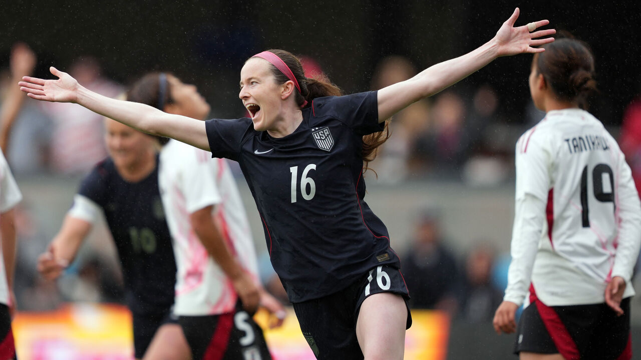 SAN JOSE, CALIFORNIA - APRIL 11: Rose Lavelle #16 of United States celebrates after scoring the team's first goal during the international friendly match between United States and Japan at PayPal Park on April 11, 2026 in San Jose, California.