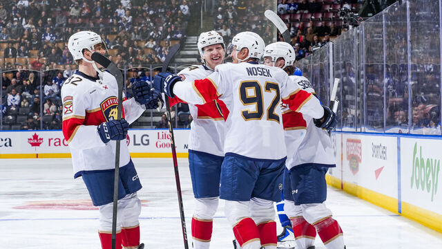 TORONTO, CANADA - APRIL 11: Tomas Nosek #92 of the Florida Panthers celebrates with his teammates after scoring a goal against the Toronto Maple Leafs during the second period at the Scotiabank Arena on April 11, 2026 in Toronto, Ontario, Canada.