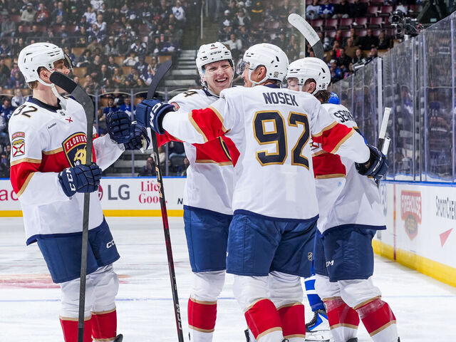 TORONTO, CANADA - APRIL 11: Tomas Nosek #92 of the Florida Panthers celebrates with his teammates after scoring a goal against the Toronto Maple Leafs during the second period at the Scotiabank Arena on April 11, 2026 in Toronto, Ontario, Canada.