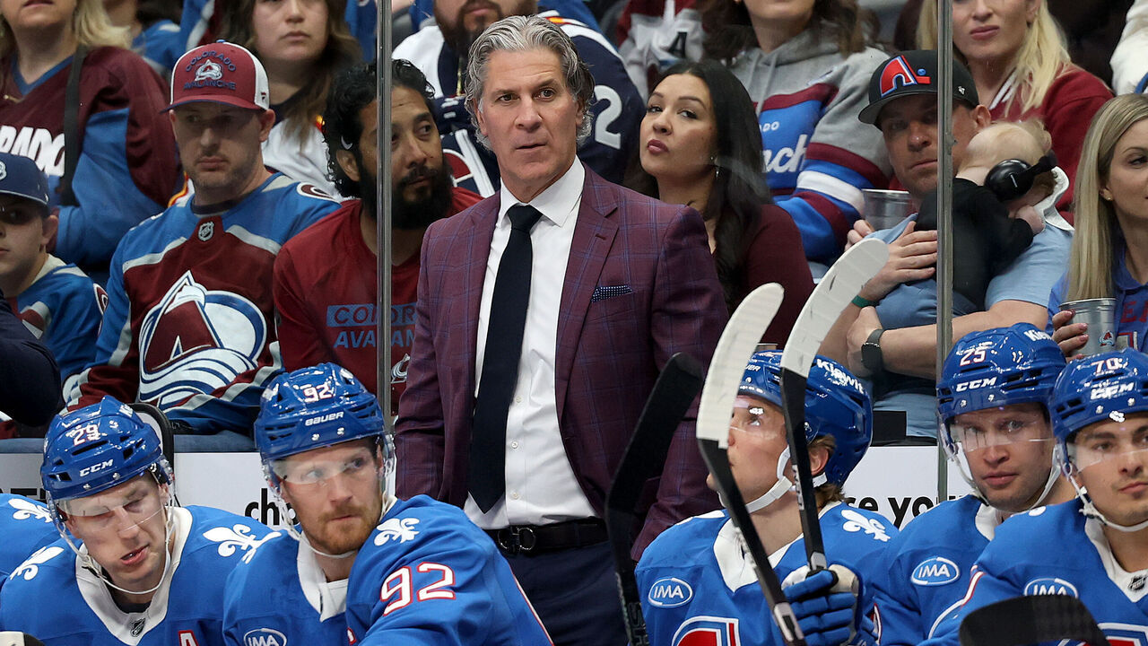 DENVER, COLORADO - APRIL 11: Head coach Jared Bednar of the Colorado Avalanche watches as his team plays the Vegas Golden Knights in the first period at Ball Arena on April 11, 2026 in Denver, Colorado.