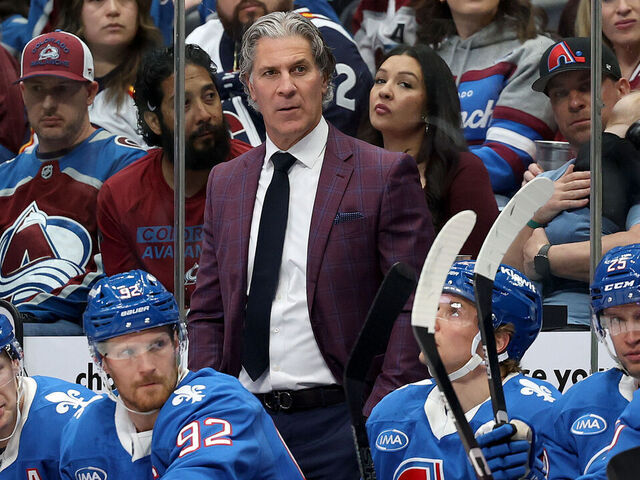DENVER, COLORADO - APRIL 11: Head coach Jared Bednar of the Colorado Avalanche watches as his team plays the Vegas Golden Knights in the first period at Ball Arena on April 11, 2026 in Denver, Colorado.