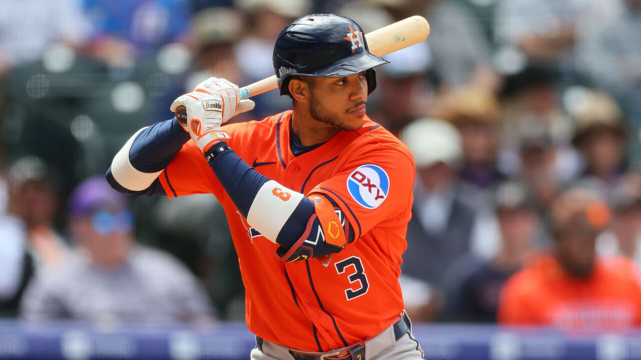 DENVER, CO - APRIL 8: Jeremy Pena #3 of the Houston Astros bats in the fifth inning against the Colorado Rockies at Coors Field on April 8, 2026 in Denver, Colorado.