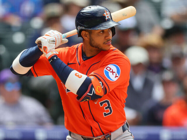 DENVER, CO - APRIL 8: Jeremy Pena #3 of the Houston Astros bats in the fifth inning against the Colorado Rockies at Coors Field on April 8, 2026 in Denver, Colorado.