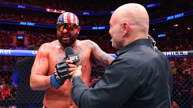 MIAMI, FLORIDA - APRIL 11: Josh Hokit reacts after a victory against Curtis Blaydes in a heavyweight fight during the UFC 327 event at Kaseya Center on April 11, 2026 in Miami, Florida.