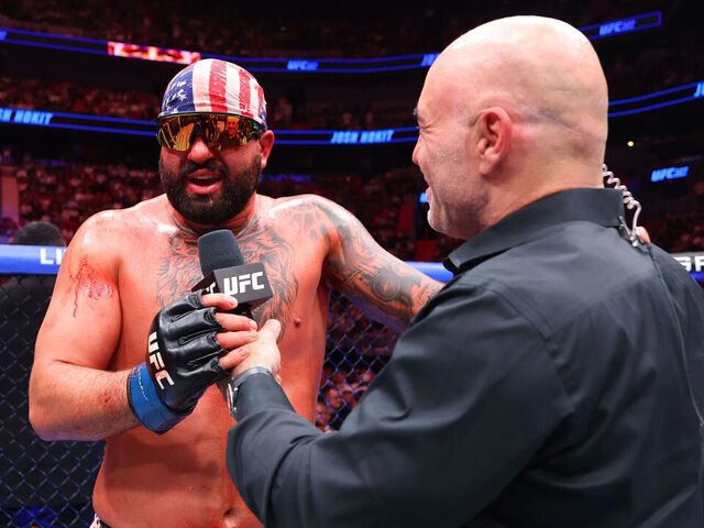 MIAMI, FLORIDA - APRIL 11: Josh Hokit reacts after a victory against Curtis Blaydes in a heavyweight fight during the UFC 327 event at Kaseya Center on April 11, 2026 in Miami, Florida.