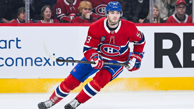 MONTREAL, QC - APRIL 11: Montreal Canadiens defenseman Noah Dobson (53) skates during the Columbus Blue Jackets versus the Montreal Canadiens game on April 11, 2026, at Bell Centre in Montreal, QC