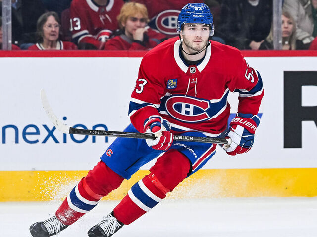 MONTREAL, QC - APRIL 11: Montreal Canadiens defenseman Noah Dobson (53) skates during the Columbus Blue Jackets versus the Montreal Canadiens game on April 11, 2026, at Bell Centre in Montreal, QC