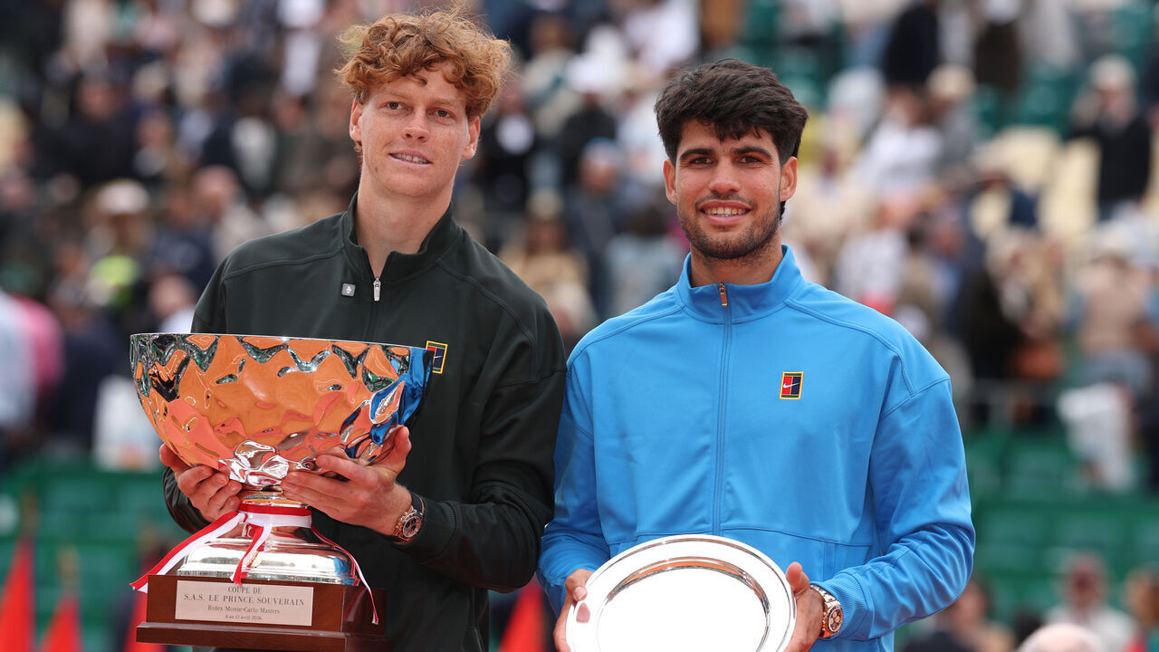 MONTE-CARLO, MONACO - APRIL 12: Jannik Sinner of Italy and Carlos Alcaraz of Spain pose for a photo with their winners and runners-up trophies after the Men's Singles Final during day eight of the Rolex Monte-Carlo Masters at Monte-Carlo Country Club on April 12, 2026 in Monte-Carlo, Monaco.