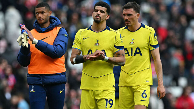 Tottenham Hotspur's English goalkeeper #40 Brandon Austin (L), Tottenham Hotspur's English striker #19 Dominic Solanke (C) and Tottenham Hotspur's Portugese midfielder #06 Joao Palhinha (R) react to their defeat on the pitch after the English Premier League football match between Sunderland and Tottenham Hotspur at The Stadium of Light in Sunderland in north east England on April 12, 2026. Sunderland won the game 1-0. / RESTRICTED TO EDITORIAL USE. No use with unauthorized audio, video, data, fixture lists, club/league logos or 'live' services. Online in-match use limited to 120 images. An additional 40 images may be used in extra time. No video emulation. Social media in-match use limited to 120 images. An additional 40 images may be used in extra time. No use in betting publications, games or single club/league/player publications. /