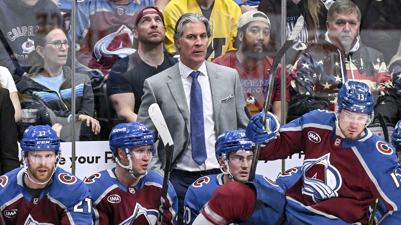 DENVER , CO - MARCH 30: Head coach Jared Bednar of the Colorado Avalanche works the bench during the second period against the Calgary Flames at Ball Arena in Denver, Colorado on Monday, March 30, 2026.