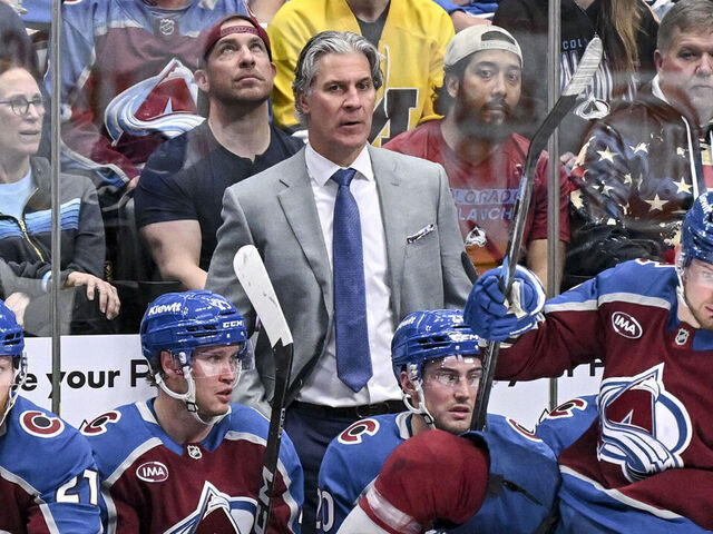 DENVER , CO - MARCH 30: Head coach Jared Bednar of the Colorado Avalanche works the bench during the second period against the Calgary Flames at Ball Arena in Denver, Colorado on Monday, March 30, 2026.