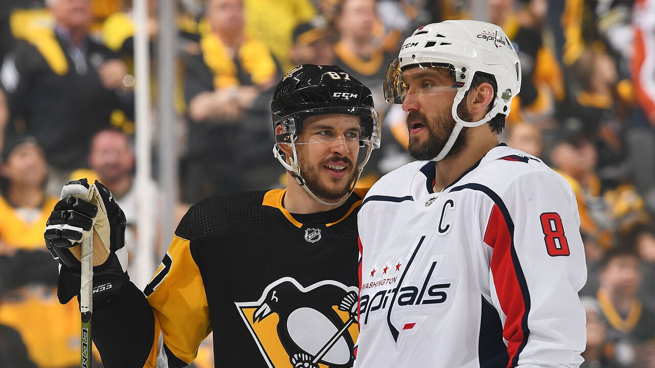 PITTSBURGH, PA - MAY 01: Sidney Crosby #87 of the Pittsburgh Penguins looks on alongside Alex Ovechkin #8 of the Washington Capitals in Game Three of the Eastern Conference Second Round during the 2018 NHL Stanley Cup Playoffs at PPG Paints Arena on May 1, 2018 in Pittsburgh, Pennsylvania. *** Local Caption ***