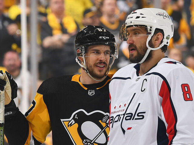 PITTSBURGH, PA - MAY 01: Sidney Crosby #87 of the Pittsburgh Penguins looks on alongside Alex Ovechkin #8 of the Washington Capitals in Game Three of the Eastern Conference Second Round during the 2018 NHL Stanley Cup Playoffs at PPG Paints Arena on May 1, 2018 in Pittsburgh, Pennsylvania. *** Local Caption ***