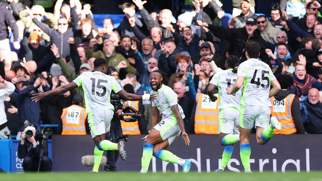 LONDON, ENGLAND - APRIL 12: Marc Guehi of Manchester City celebrates scoring his team's second goal with Antoine Semenyo during the Premier League match between Chelsea and Manchester City at Stamford Bridge on April 12, 2026 in London, England.