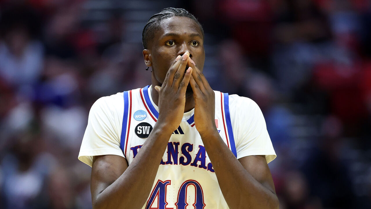 SAN DIEGO, CALIFORNIA - MARCH 22: Flory Bidunga #40 of the Kansas Jayhawks reacts during the second half against the St. John's Red Storm in the second round of the 2026 NCAA Men's Basketball Tournament at Viejas Arena at San Diego State University on March 22, 2026 in San Diego, California.