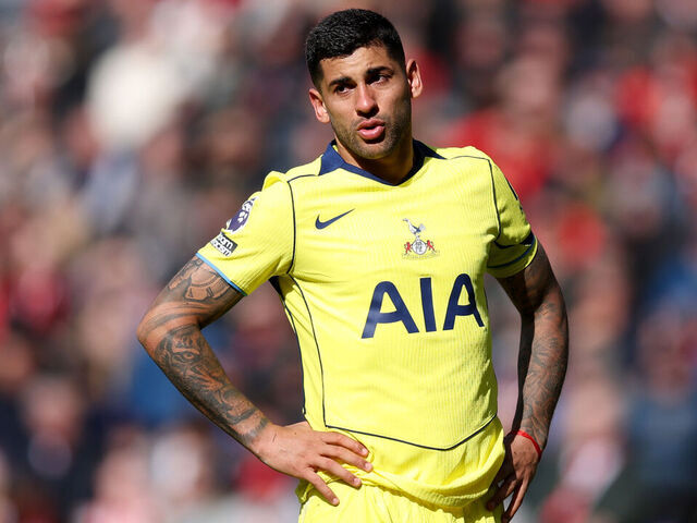 SUNDERLAND, ENGLAND - APRIL 12: Cristian Romero of Tottenham Hotspur is seen crying during the Premier League match between Sunderland and Tottenham Hotspur at Stadium of Light on April 12, 2026 in Sunderland, England.