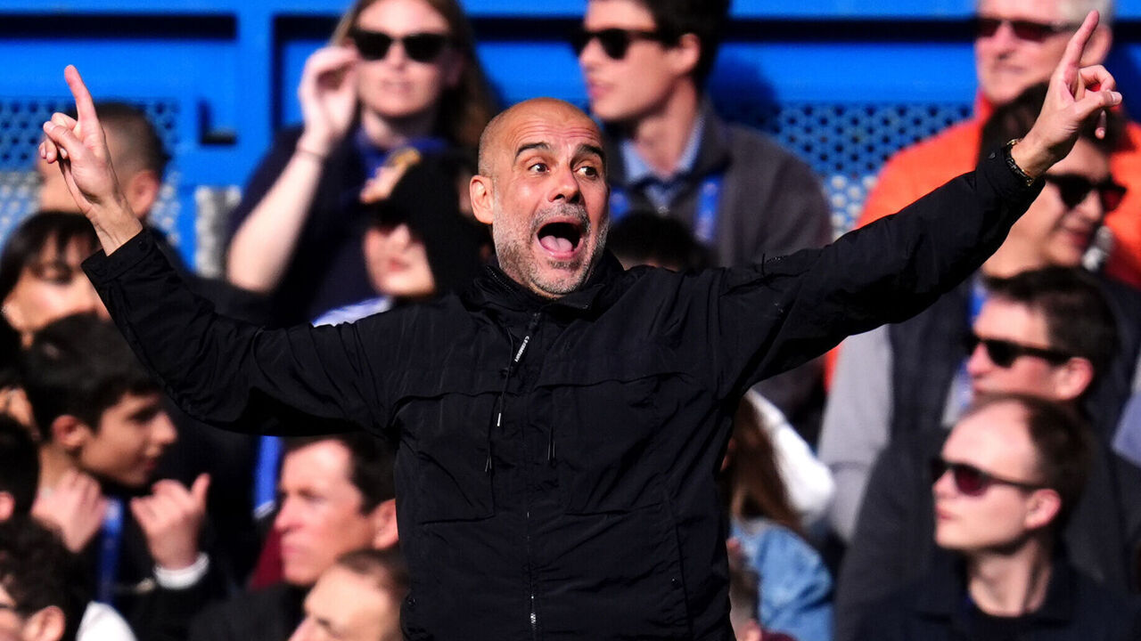 Manchester City manager Pep Guardiola on the touchline during the Premier League match at Stamford Bridge, London. Picture date: Sunday April 12, 2026.