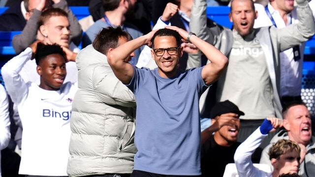 Chelsea manager Liam Rosenior reacts on the touchline to a disallowed goal during the Premier League match at Stamford Bridge, London. Picture date: Sunday April 12, 2026.