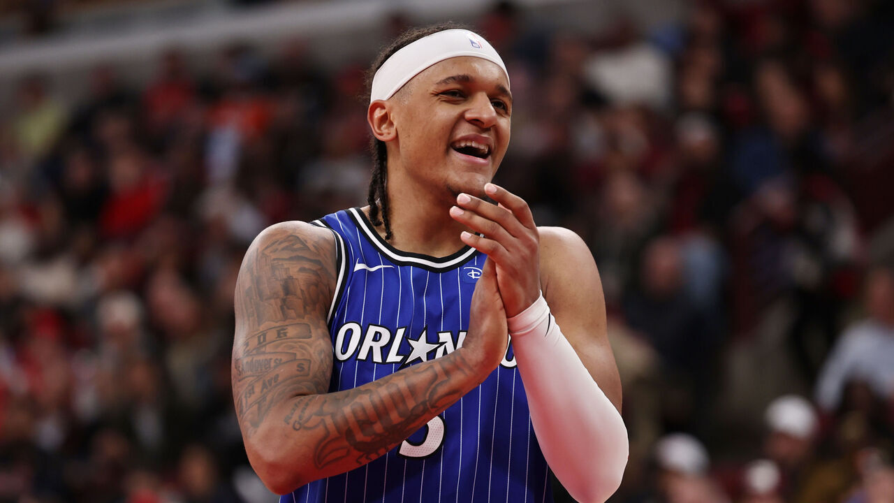 CHICAGO, ILLINOIS - APRIL 10: Paolo Banchero #5 of the Orlando Magic celebrates during the second half against the Chicago Bulls at the United Center on April 10, 2026 in Chicago, Illinois.