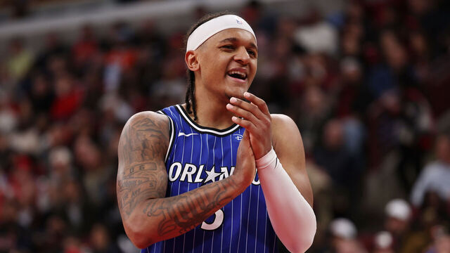 CHICAGO, ILLINOIS - APRIL 10: Paolo Banchero #5 of the Orlando Magic celebrates during the second half against the Chicago Bulls at the United Center on April 10, 2026 in Chicago, Illinois.
