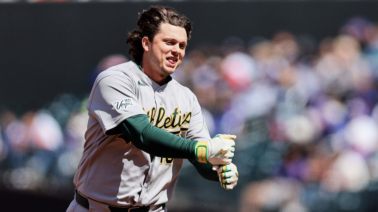 NEW YORK, NEW YORK - APRIL 12: Nick Kurtz #16 of the Athletics celebrates as he rounds the bases after hitting a solo home run against the New York Mets during the third inning at Citi Field on April 12, 2026 in New York City.