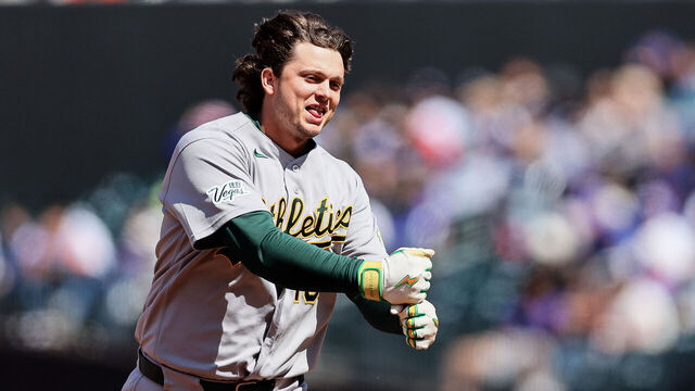 NEW YORK, NEW YORK - APRIL 12: Nick Kurtz #16 of the Athletics celebrates as he rounds the bases after hitting a solo home run against the New York Mets during the third inning at Citi Field on April 12, 2026 in New York City.