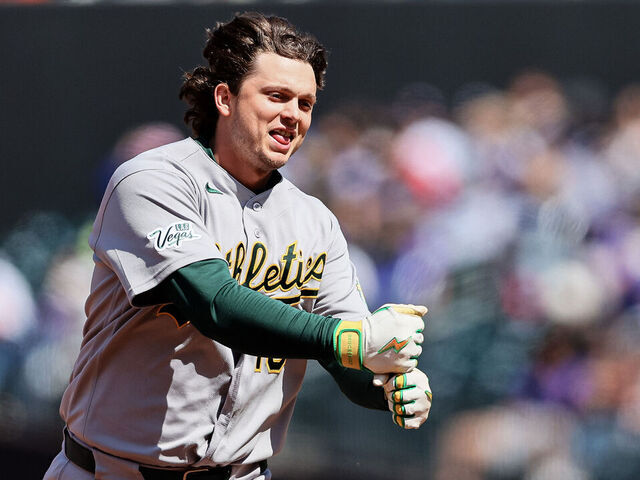 NEW YORK, NEW YORK - APRIL 12: Nick Kurtz #16 of the Athletics celebrates as he rounds the bases after hitting a solo home run against the New York Mets during the third inning at Citi Field on April 12, 2026 in New York City.