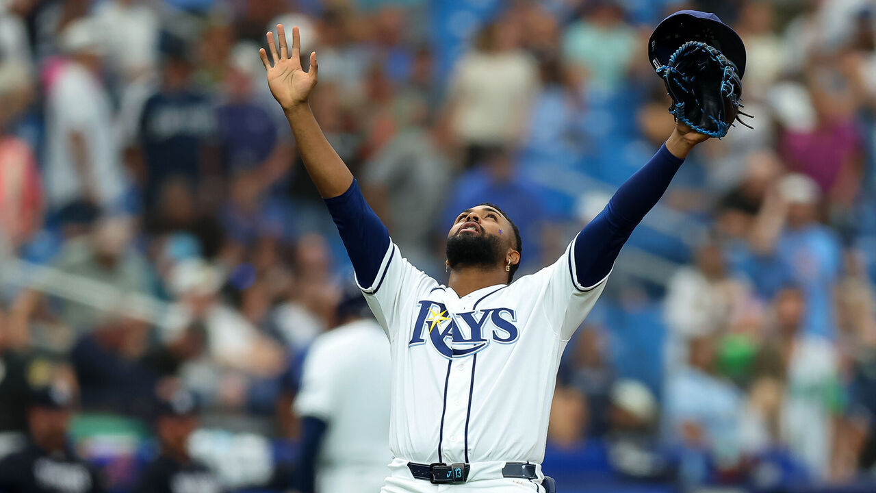 ST. PETERSBURG, FL - APRIL 12: Junior Caminero #13 of the Tampa Bay Rays celebrates the final out of a win over the New York Yankees during the ninth inning of a baseball game at Tropicana Field on April 12, 2026 in St. Petersburg, Florida.