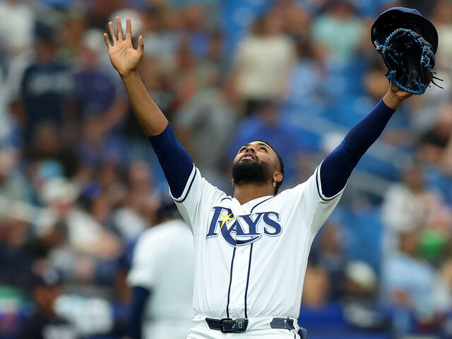 ST. PETERSBURG, FL - APRIL 12: Junior Caminero #13 of the Tampa Bay Rays celebrates the final out of a win over the New York Yankees during the ninth inning of a baseball game at Tropicana Field on April 12, 2026 in St. Petersburg, Florida.