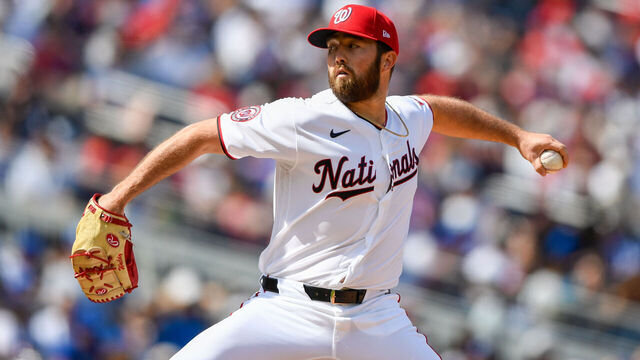 WASHINGTON, DC - APRIL 03: Ken Waldichuk #52 of the Washington Nationals pitches during the game between the Los Angeles Dodgers and the Washington Nationals at Nationals Park on Friday, April 3, 2026 in Washington, District of Columbia.