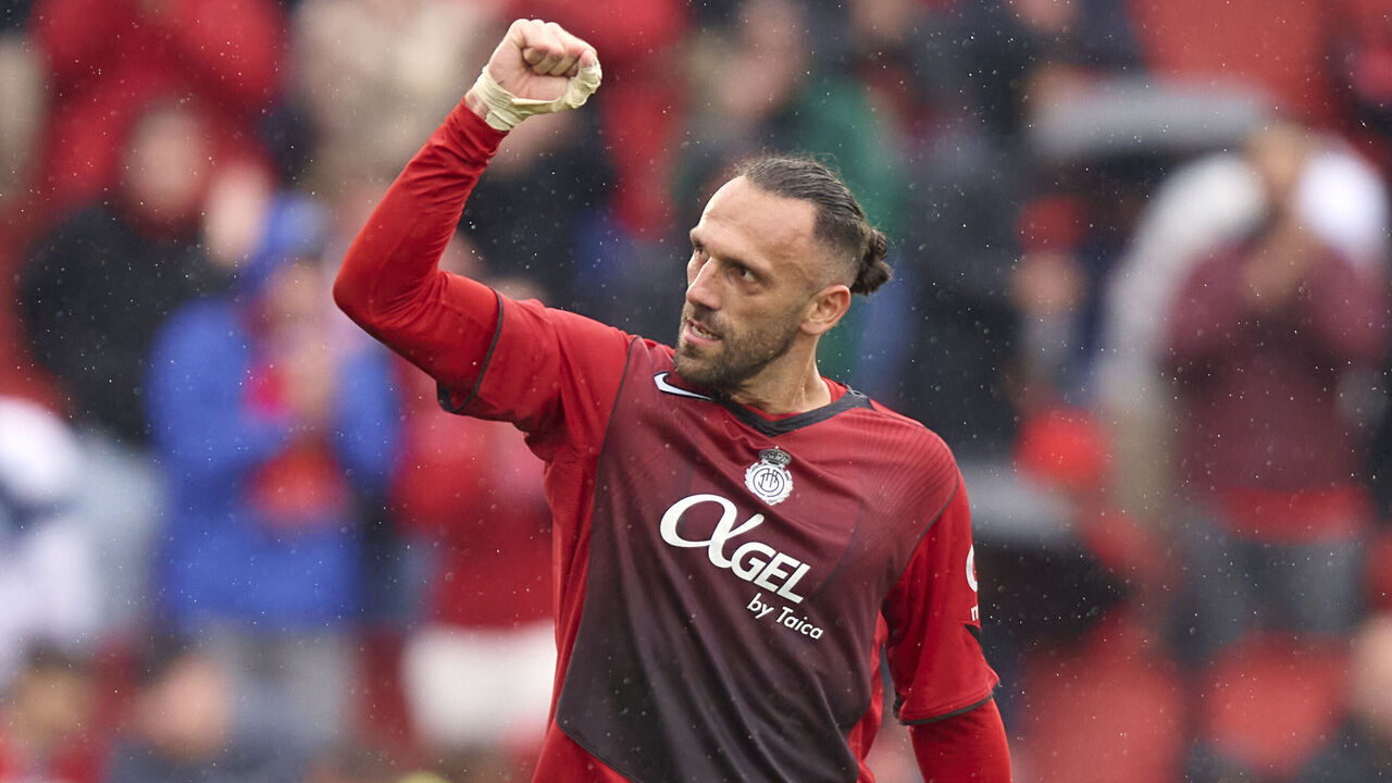 MALLORCA, SPAIN - APRIL 12: Vedat Muriqi of RCD Mallorca celebrates after scoring his team first goal during the LaLiga EA Sports match between RCD Mallorca and Rayo Vallecano de Madrid at Estadio de Son Moix on April 12, 2026 in Mallorca, Spain.