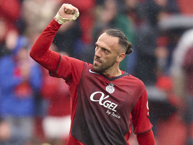 MALLORCA, SPAIN - APRIL 12: Vedat Muriqi of RCD Mallorca celebrates after scoring his team first goal during the LaLiga EA Sports match between RCD Mallorca and Rayo Vallecano de Madrid at Estadio de Son Moix on April 12, 2026 in Mallorca, Spain.