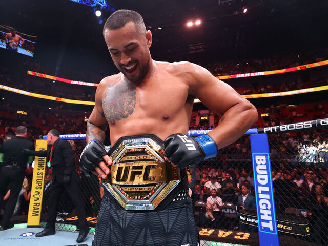 MIAMI, FLORIDA - APRIL 11: Carlos Ulberg of New Zealand reacts after a knockout victory against Jiri Prochazka of the Czech Republic in the UFC light heavyweight championship fight during the UFC 327 event at Kaseya Center on April 11, 2026 in Miami, Florida.