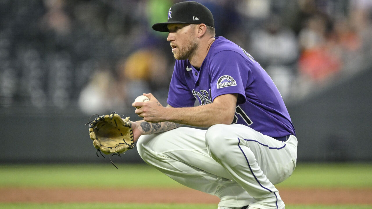 DENVER , CO - APRIL 7: Kyle Freeland (21) of the Colorado Rockies takes a quick rest as he faces the Houston Astros during the third inning at Coors Field in Denver, Colorado on Tuesday, April 7, 2026.