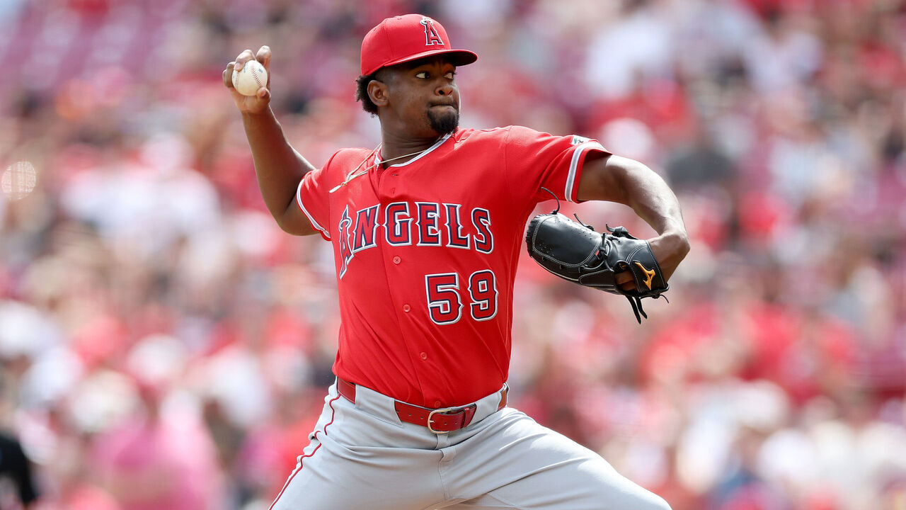CINCINNATI, OHIO - APRIL 12: Jose Soriano #59 of the Los Angeles Angels throws a pitch against against the Cincinnati Reds at Great American Ball Park on April 12, 2026 in Cincinnati, Ohio.
