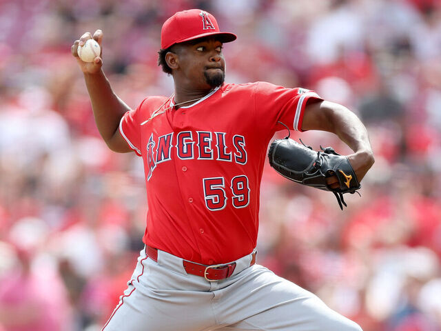 CINCINNATI, OHIO - APRIL 12: Jose Soriano #59 of the Los Angeles Angels throws a pitch against against the Cincinnati Reds at Great American Ball Park on April 12, 2026 in Cincinnati, Ohio.