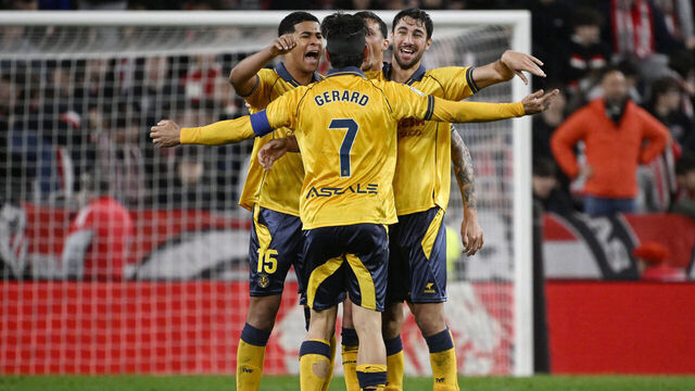 Villarreal's captain Spanish forward #07 Gerard celebrates with teammates at the end of the Spanish league football match between Athletic Club Bilbao and Villarreal CF at San Mames Stadium in Bilbao on April 12, 2026.