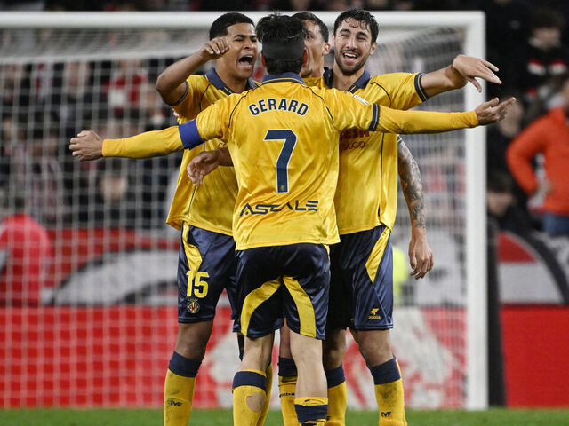 Villarreal's captain Spanish forward #07 Gerard celebrates with teammates at the end of the Spanish league football match between Athletic Club Bilbao and Villarreal CF at San Mames Stadium in Bilbao on April 12, 2026.