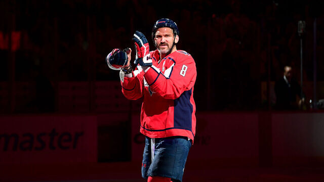 WASHINGTON, DC - APRIL 12: Capitals left wing Alexander Alex Ovechkin (8) claps to the crowd after the Pittsburgh Penguins versus Washington Capitals National Hockey League game on April 12, 2026 at Capital One Arena in Washington, D.C..