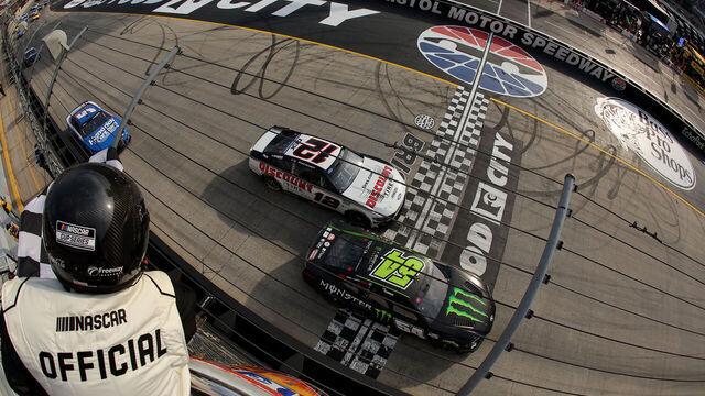 BRISTOL, TENNESSEE - APRIL 12: Ty Gibbs, driver of the #54 Monster Energy Toyota, crosses the finish line ahead of Ryan Blaney, driver of the #12 Discount Tire Ford, to win the NASCAR Cup Series Food City 500 at Bristol Motor Speedway on April 12, 2026 in Bristol, Tennessee.