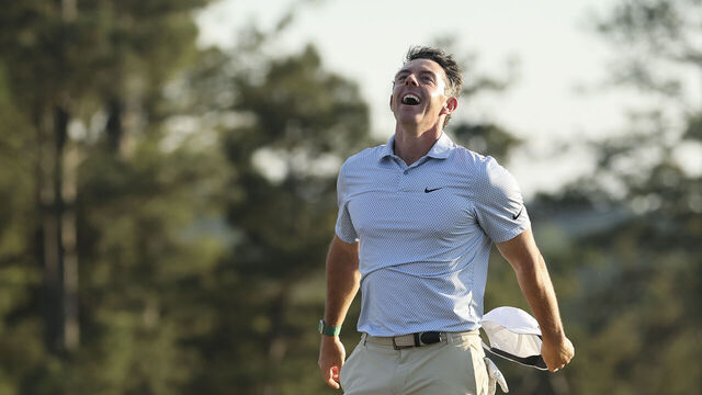 AUGUSTA, GEORGIA - APRIL 12: Rory McIlroy of Northern Ireland celebrates winning the 2026 Masters Tournament on the 18th green at Augusta National Golf Club on April 12, 2026 in Augusta, Georgia.