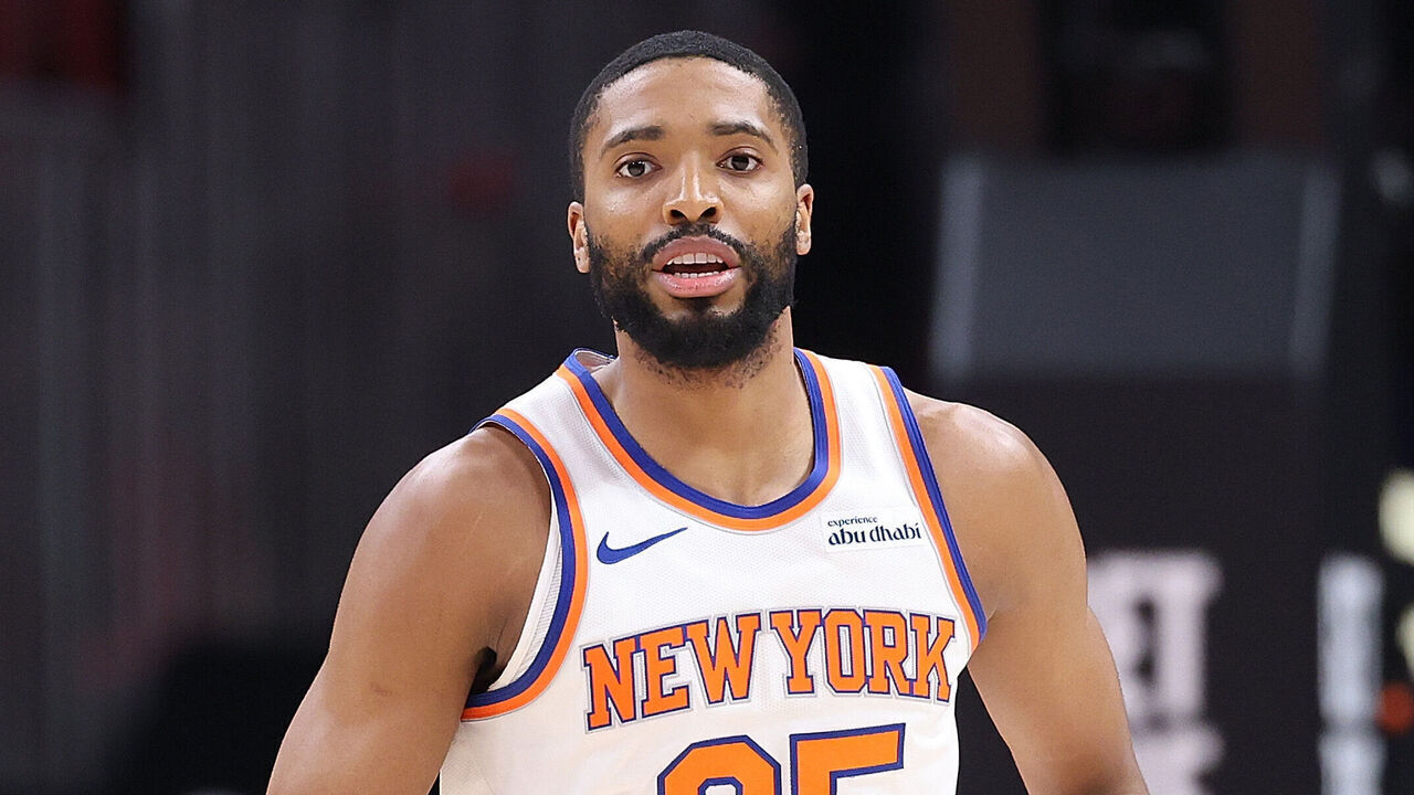 ATLANTA, GEORGIA - APRIL 06: Mikal Bridges #25 of the New York Knicks reacts against the Atlanta Hawks during the third quarter at State Farm Arena on April 06, 2026 in Atlanta, Georgia.