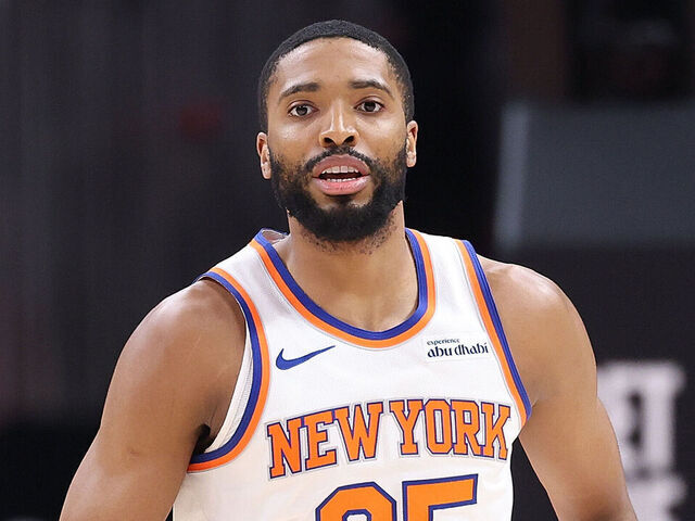 ATLANTA, GEORGIA - APRIL 06: Mikal Bridges #25 of the New York Knicks reacts against the Atlanta Hawks during the third quarter at State Farm Arena on April 06, 2026 in Atlanta, Georgia.